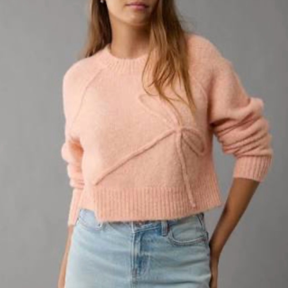 NWT AMERICAN EAGLE Cropped Crewneck Bow Sweater - Picture 2 of 12